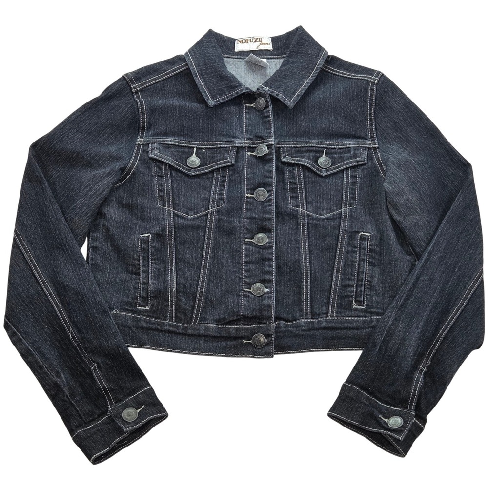 NOFUZE Jeans Denim Jacket Womens M Dark Wash Cropped Trucker Jean Coat‎